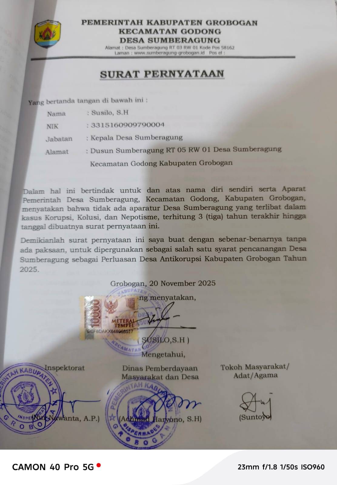 SURAT PERNYATAAN KEPALA DESA